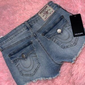 True Religion Faded Light Blue Denim Cutoff Shorts